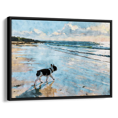 Black float framed canvas showing a pied French Bulldog on a beach in soft digital watercolor style.