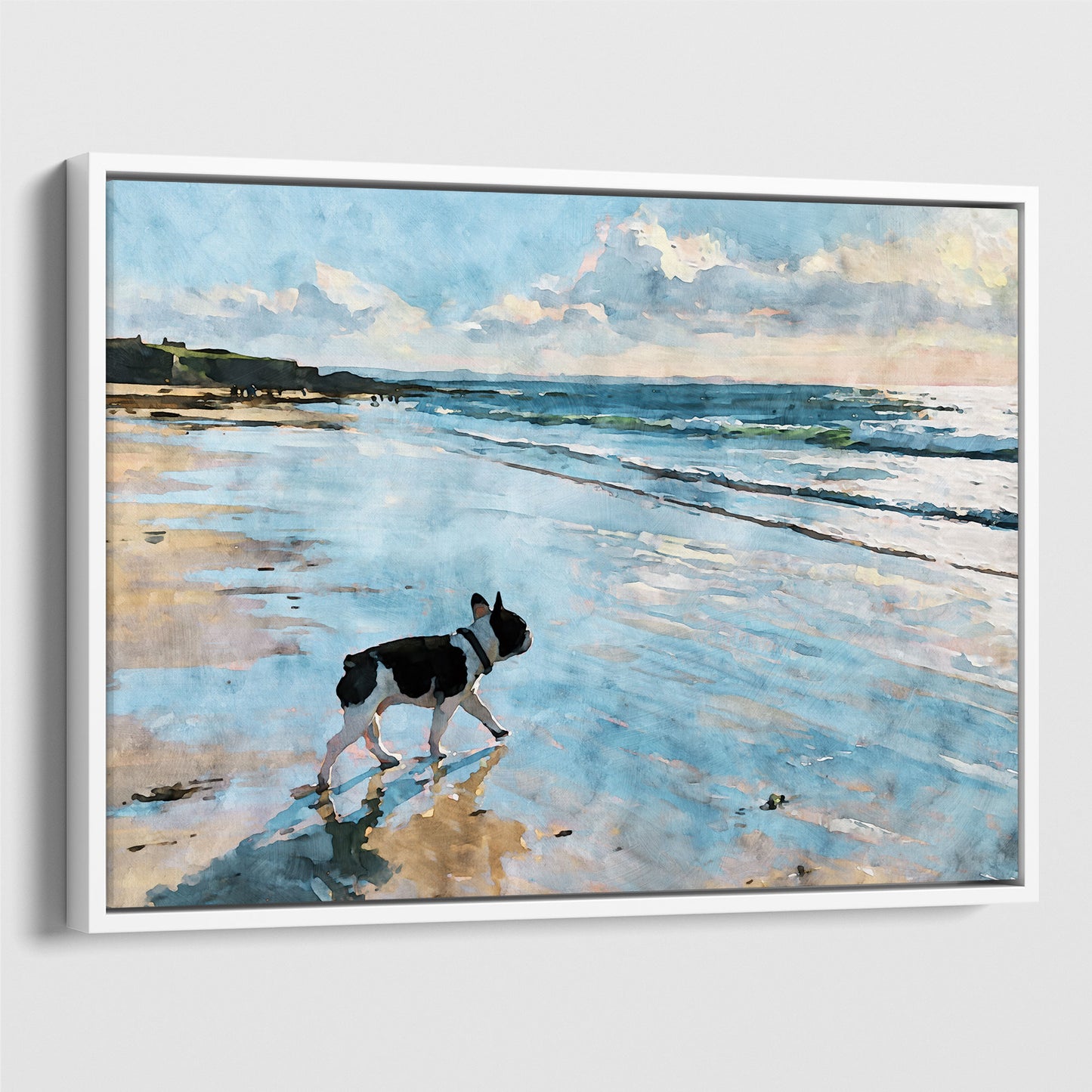 White float framed canvas of a pied French Bulldog beach scene with pale blue water and sandy reflections.