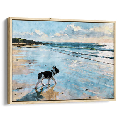 Natural wood float framed canvas featuring a pied French Bulldog by the ocean in a calm coastal watercolor style.