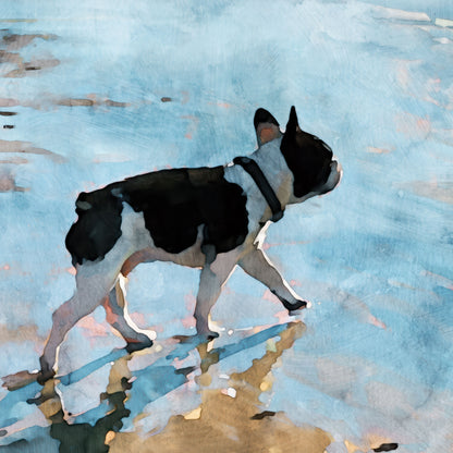 Close-up detail of a pied French Bulldog in digital watercolor with black and white fur, beach reflections, and blue ocean tones.