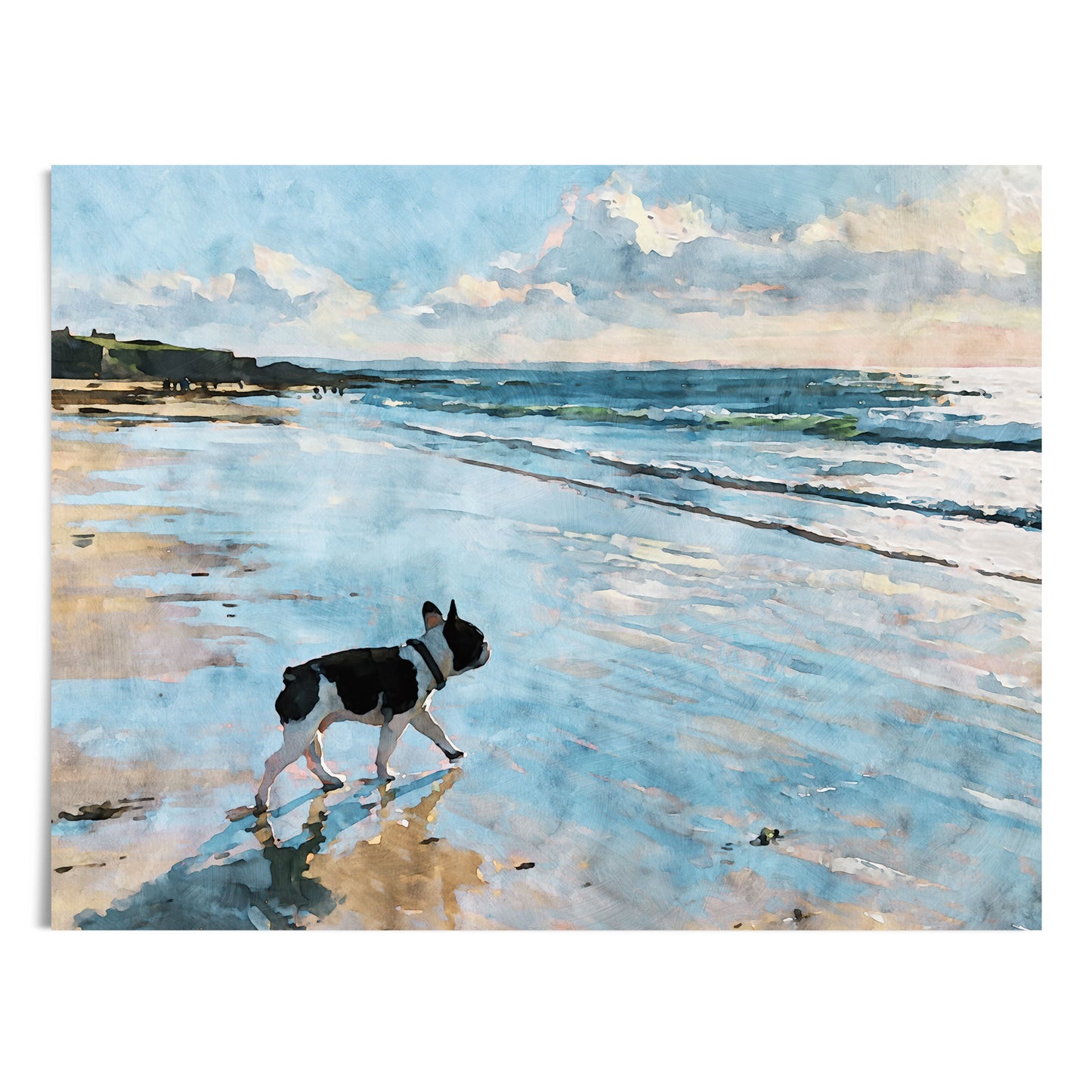 Digital watercolor artwork of a pied French Bulldog walking along a beach with blue waves, wet sand, and soft clouds.