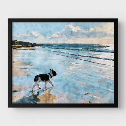 Pied French Bulldog beach watercolor art print with blue ocean waves and sandy shore displayed in a black frame.