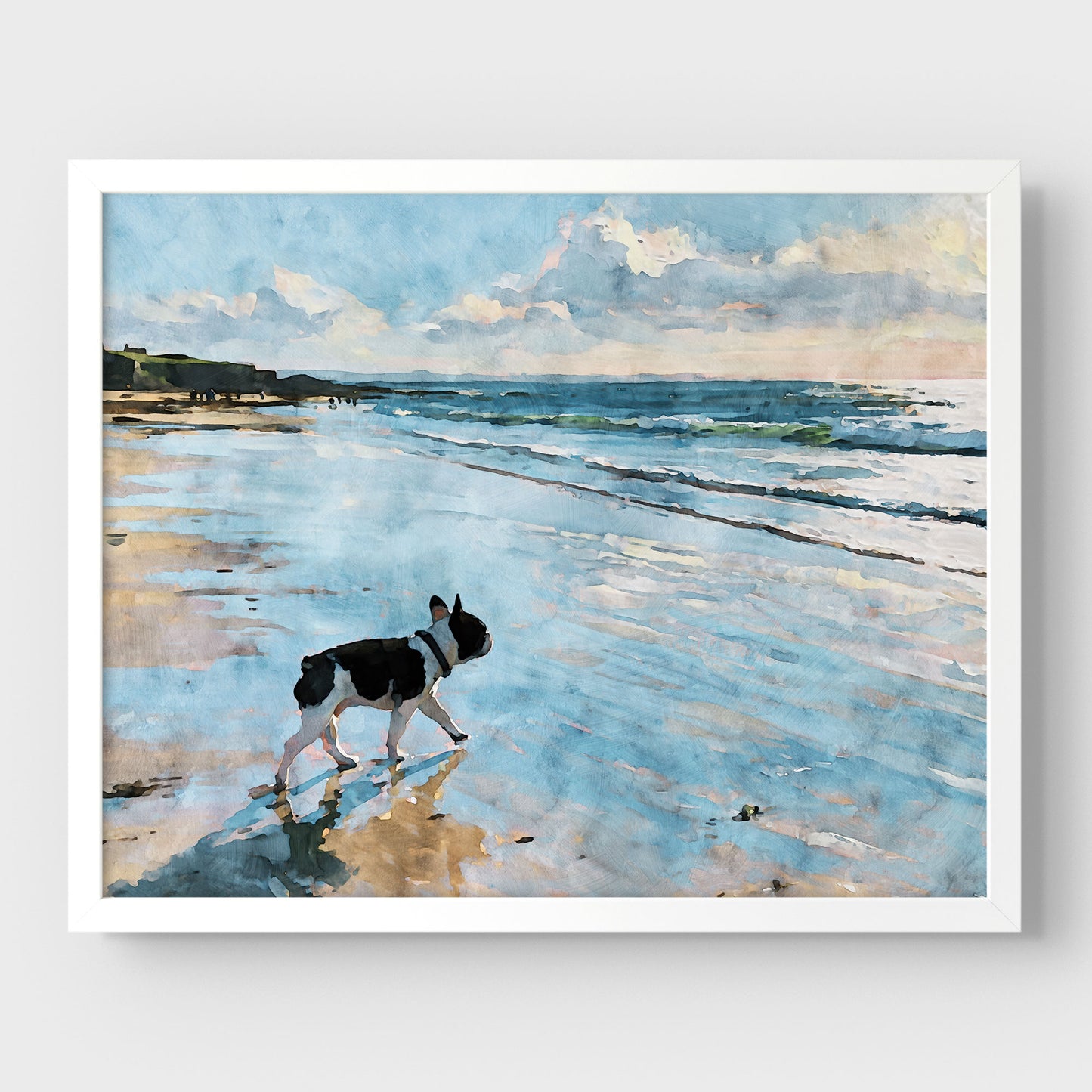 Pied French Bulldog coastal watercolor print with pale blue water, wet sand, and soft clouds in a white frame.