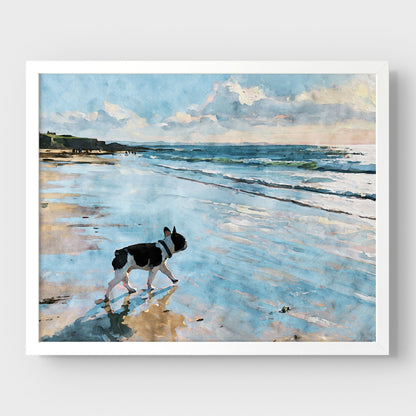 Pied French Bulldog coastal watercolor print with pale blue water, wet sand, and soft clouds in a white frame.