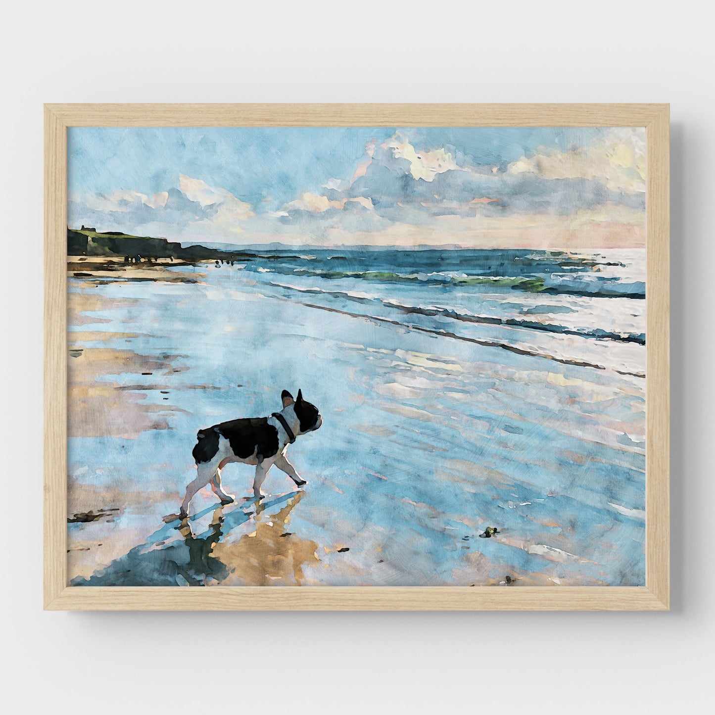 Framed artwork of a dog on a beach with a blue sky and ocean.