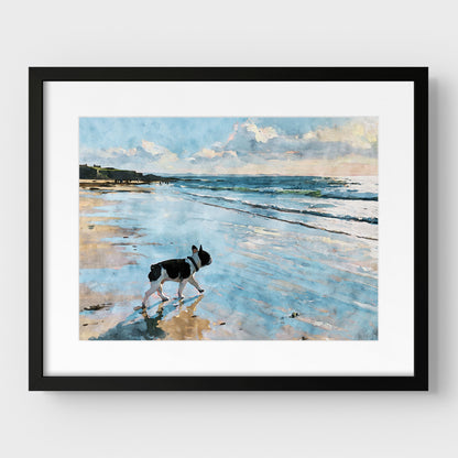 Matted black frame display of a pied French Bulldog beach watercolor print with blue waves and reflective sand.