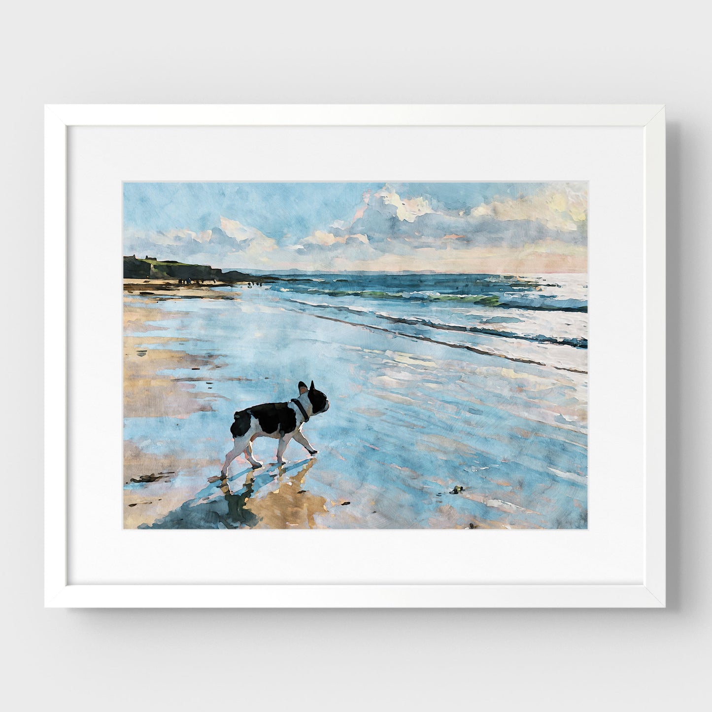Matted white frame featuring a pied French Bulldog beach watercolor in blue, cream, tan, black, and white tones.