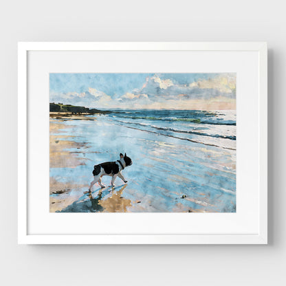 Matted white frame featuring a pied French Bulldog beach watercolor in blue, cream, tan, black, and white tones.