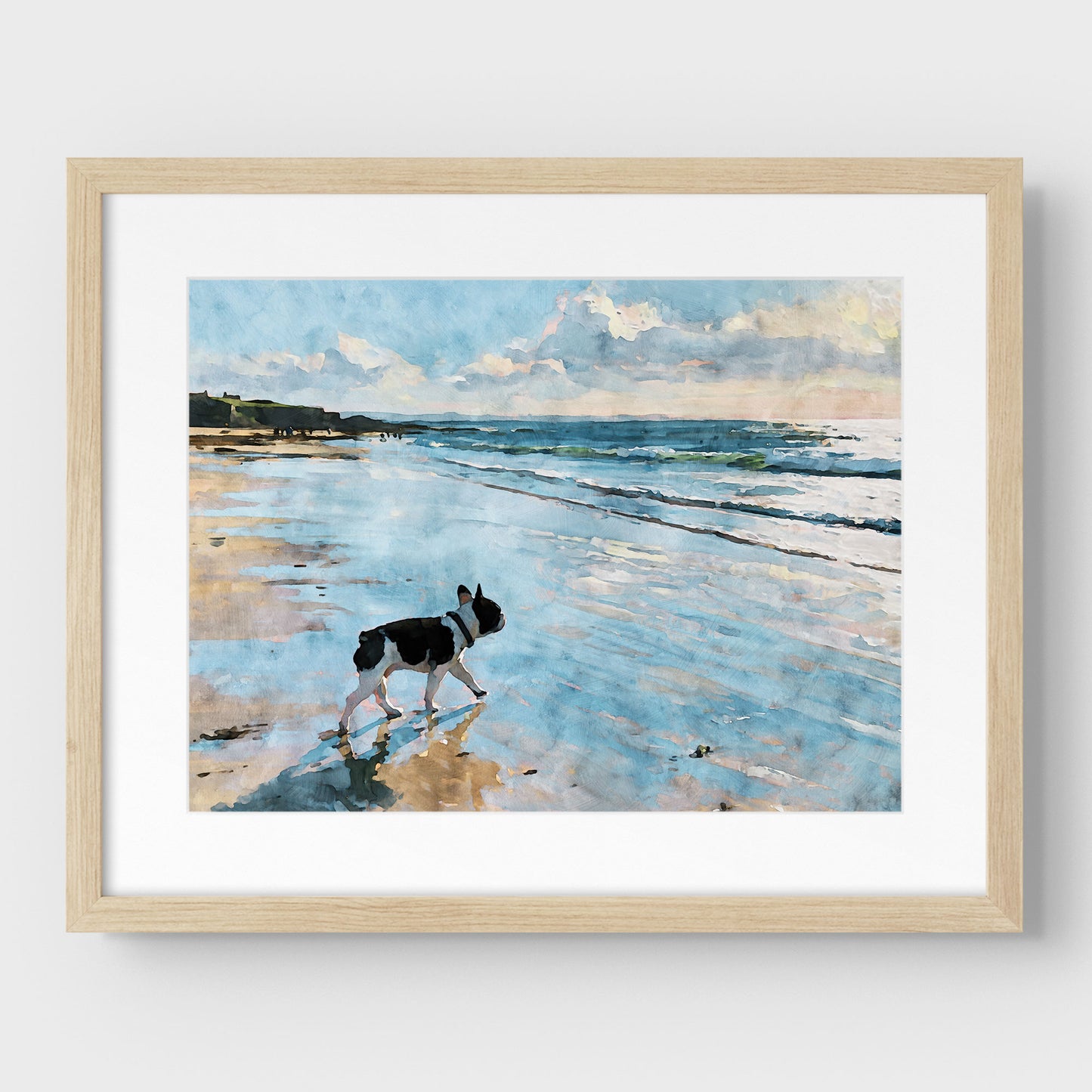 Matted natural wood frame with a pied French Bulldog beach watercolor print and soft coastal colors.