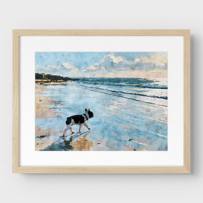 Matted natural wood frame with a pied French Bulldog beach watercolor print and soft coastal colors.