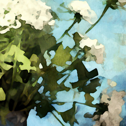 Watercolor painting of Queen Anne's Lace flowers, featuring delicate white blossoms and intricate green stems against a soft blue background. The impressionistic brushstrokes and shading create a harmonious, nature-inspired composition.