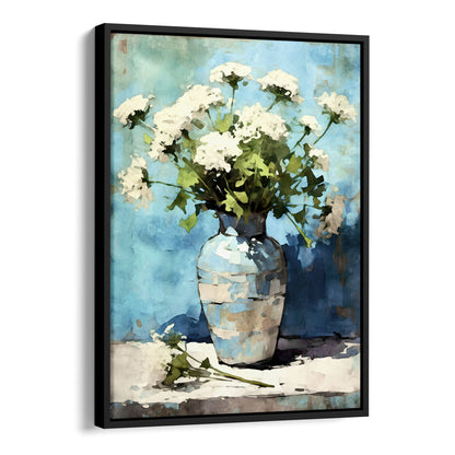 Framed watercolor painting of Queen Anne's Lace flowers arranged in a blue and white ceramic vase. The delicate white blooms and green stems stand against a rich blue background, with a modern black frame complementing the impressionist-style artwork.