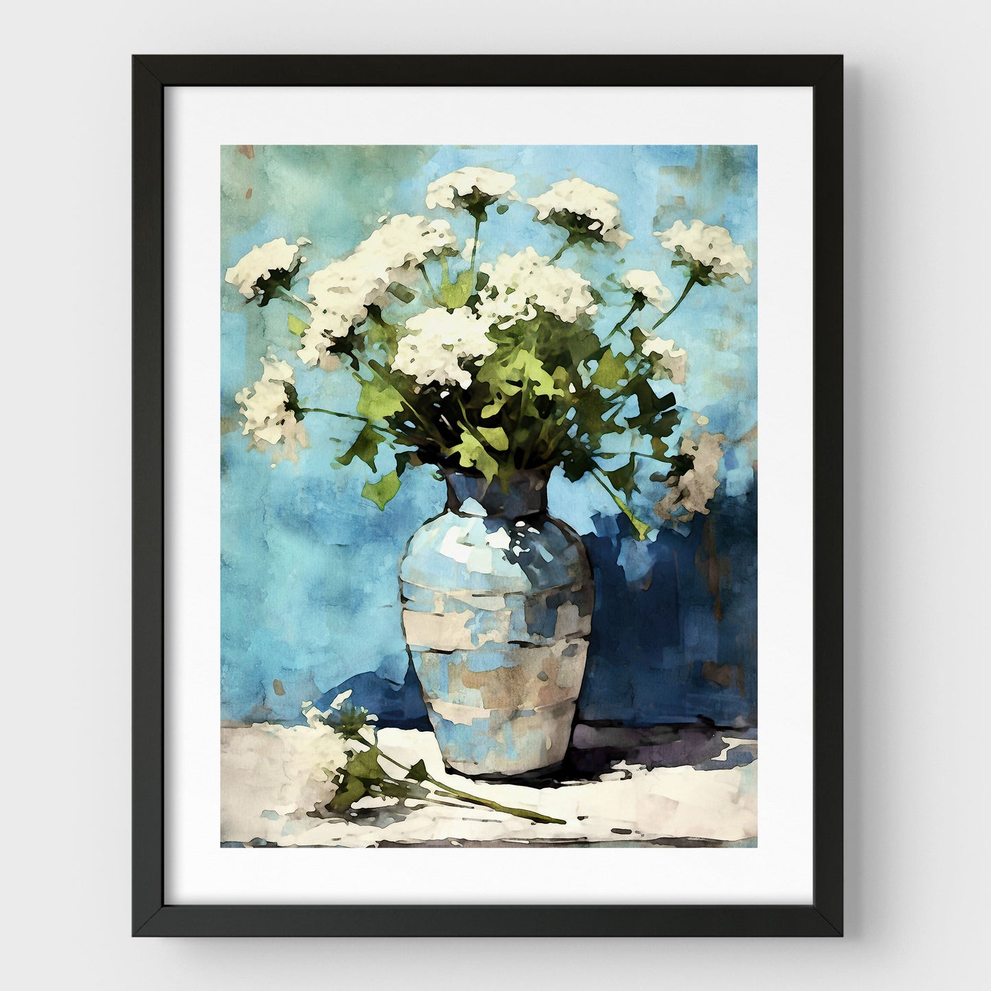 Framed watercolor painting of Queen Anne's Lace flowers in a blue and white ceramic vase. The delicate white blooms contrast with the vibrant blue background. A black frame and white border enhance the impressionist style, creating an elegant and serene composition.