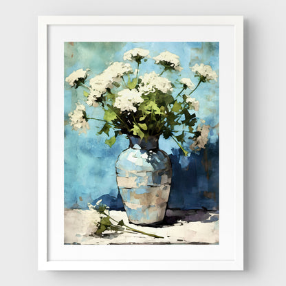 Framed watercolor painting of Queen Anne's Lace flowers in a blue and white ceramic vase. The delicate white blooms contrast with the vibrant blue background. A white frame and white border enhance the impressionist style, creating an elegant and serene composition.