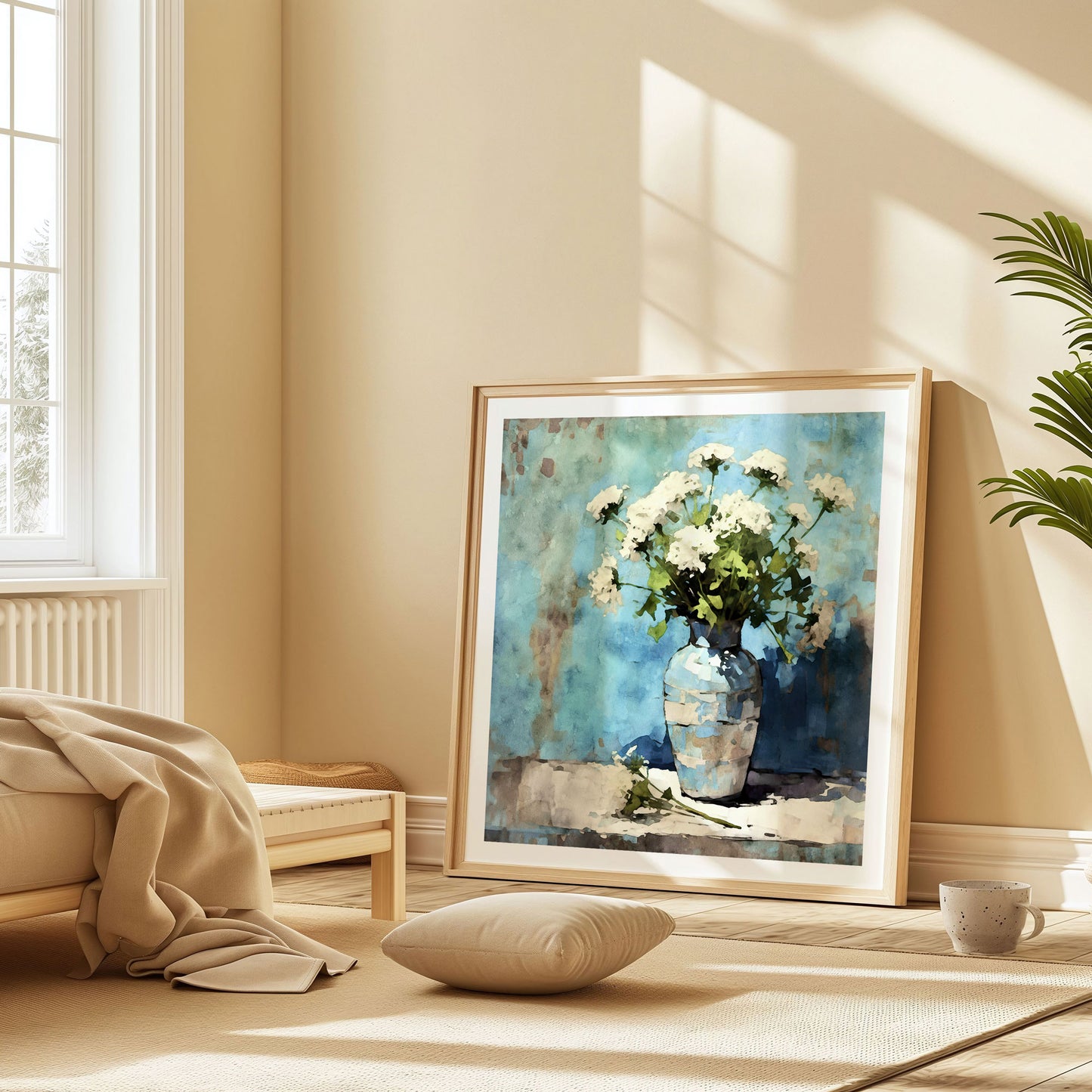 Sunlit room featuring a large square format framed watercolor painting of white Queen Anne's Lace flowers in a blue striped vase, leaning against a wall beside a window, with a cushion and a cup on a rug nearby.