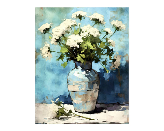 Watercolor painting of white Queen Anne's Lace flowers in a striped blue vase, set against a vivid blue background with hints of beige.