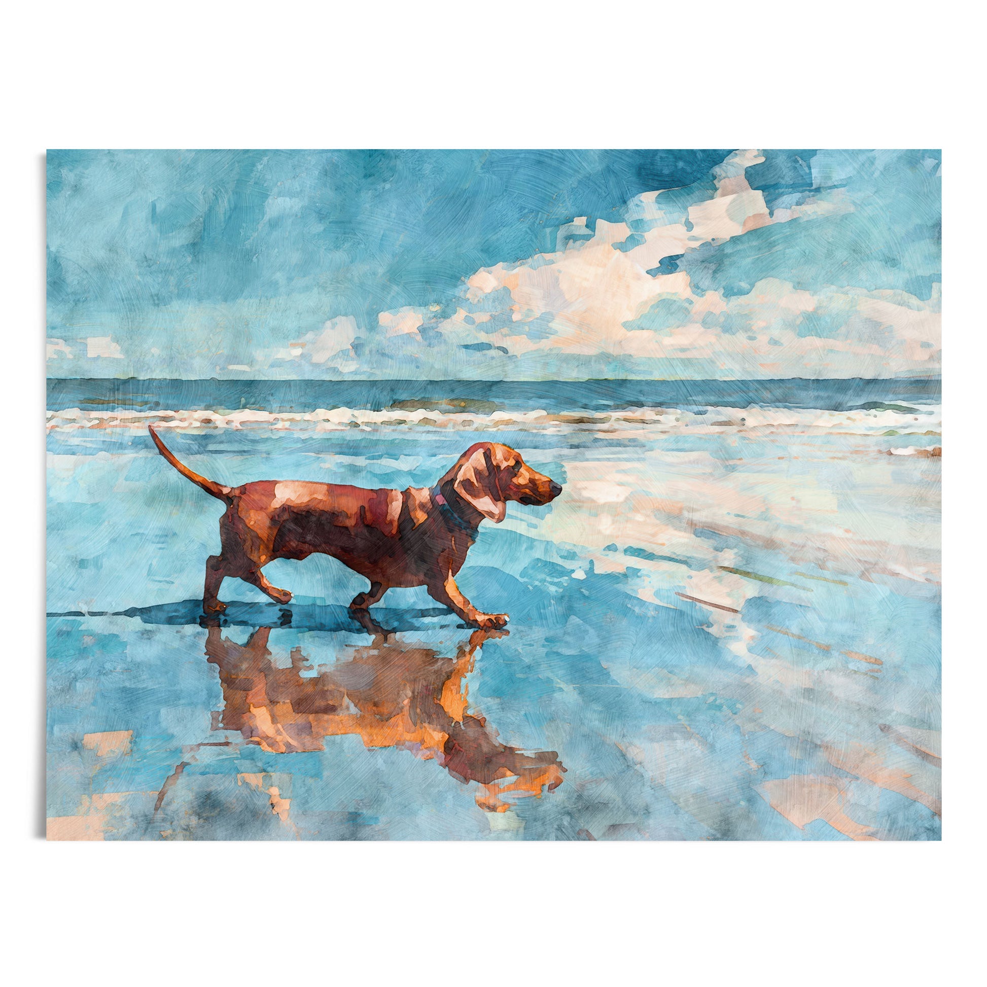 Watercolor-style beach scene of a red dachshund walking along the shoreline, its reflection mirrored in wet sand. Soft ocean waves and a blue sky with white clouds create a calm, airy coastal atmosphere with warm brown and cool blue tones.