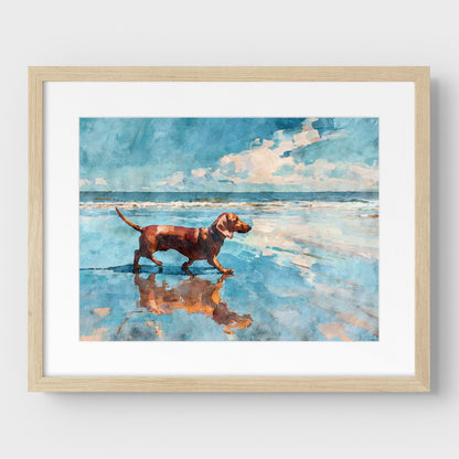 Dachshund on a Beach Horizontal Watercolor Print