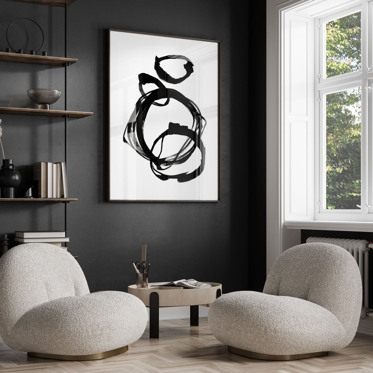 Ink Rings Black and White Minimalist Abstract Painting Print