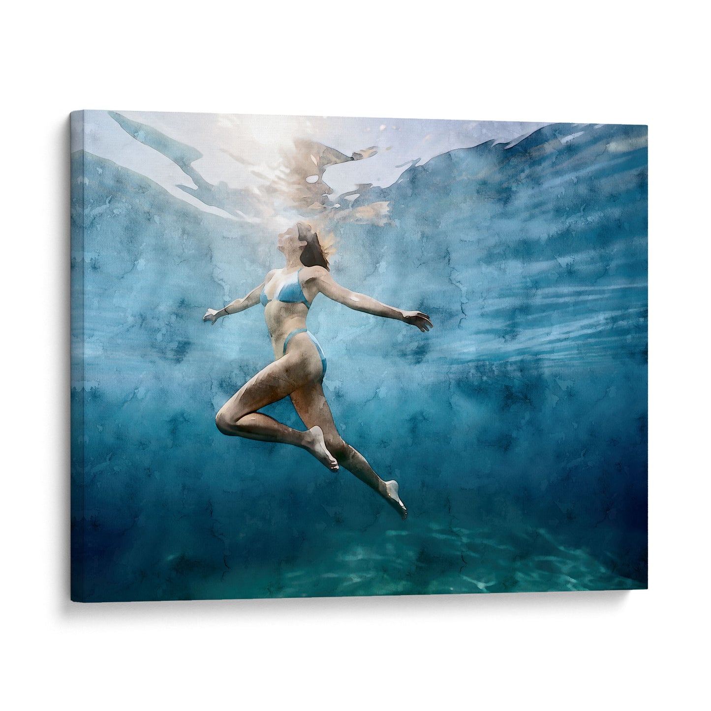 Watercolor painting of an underwater view of a woman in a blue swimsuit swimming upward, surrounded by blue-green water with light filtering from above. Artwork printed on gallery wrap canvas.