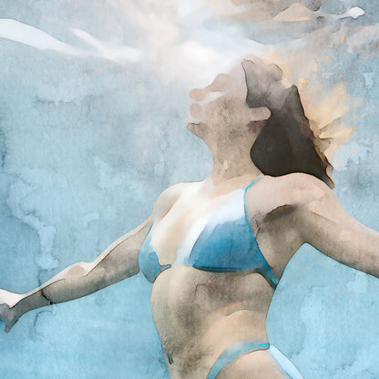 Detail of a watercolor painting of an underwater view of a woman in a blue swimsuit swimming upward, surrounded by blue-green water with light filtering from above.