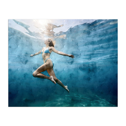 Watercolor painting of an underwater view of a woman in a blue swimsuit swimming upward, surrounded by blue-green water with light filtering from above.