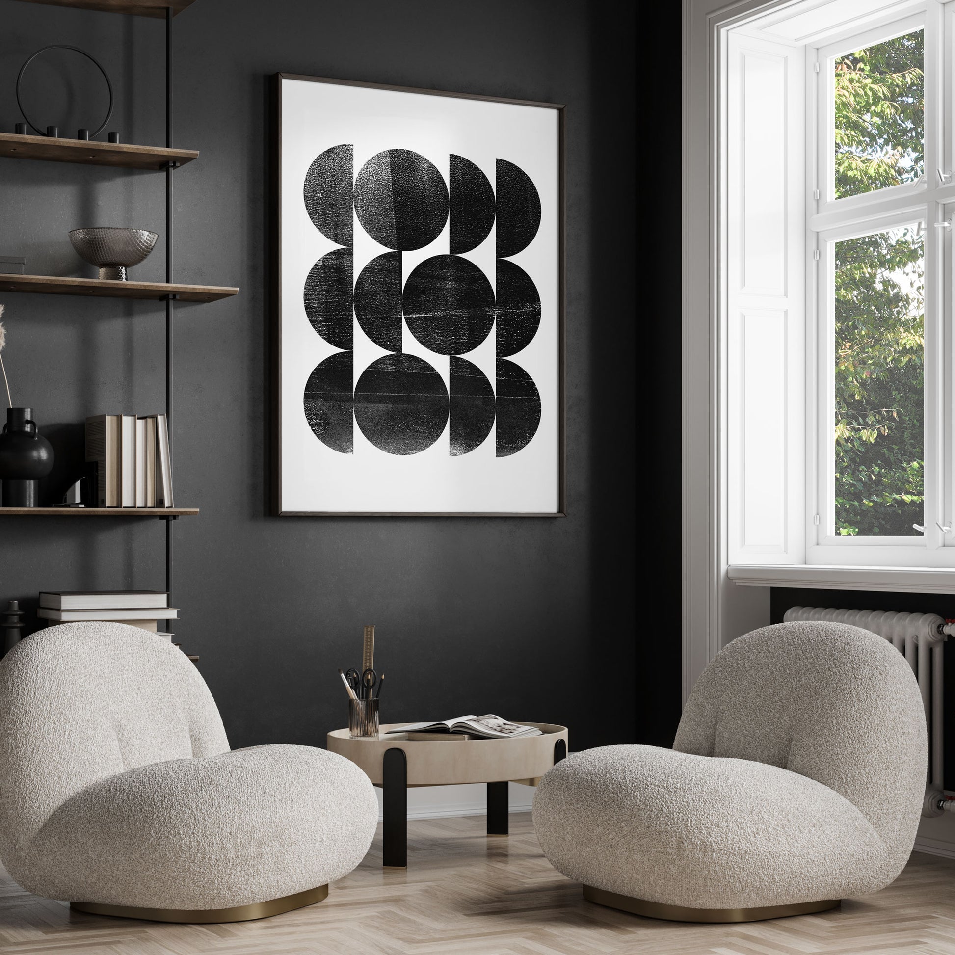 Black and White Circles Mid Century Modern Geometric Abstract Print