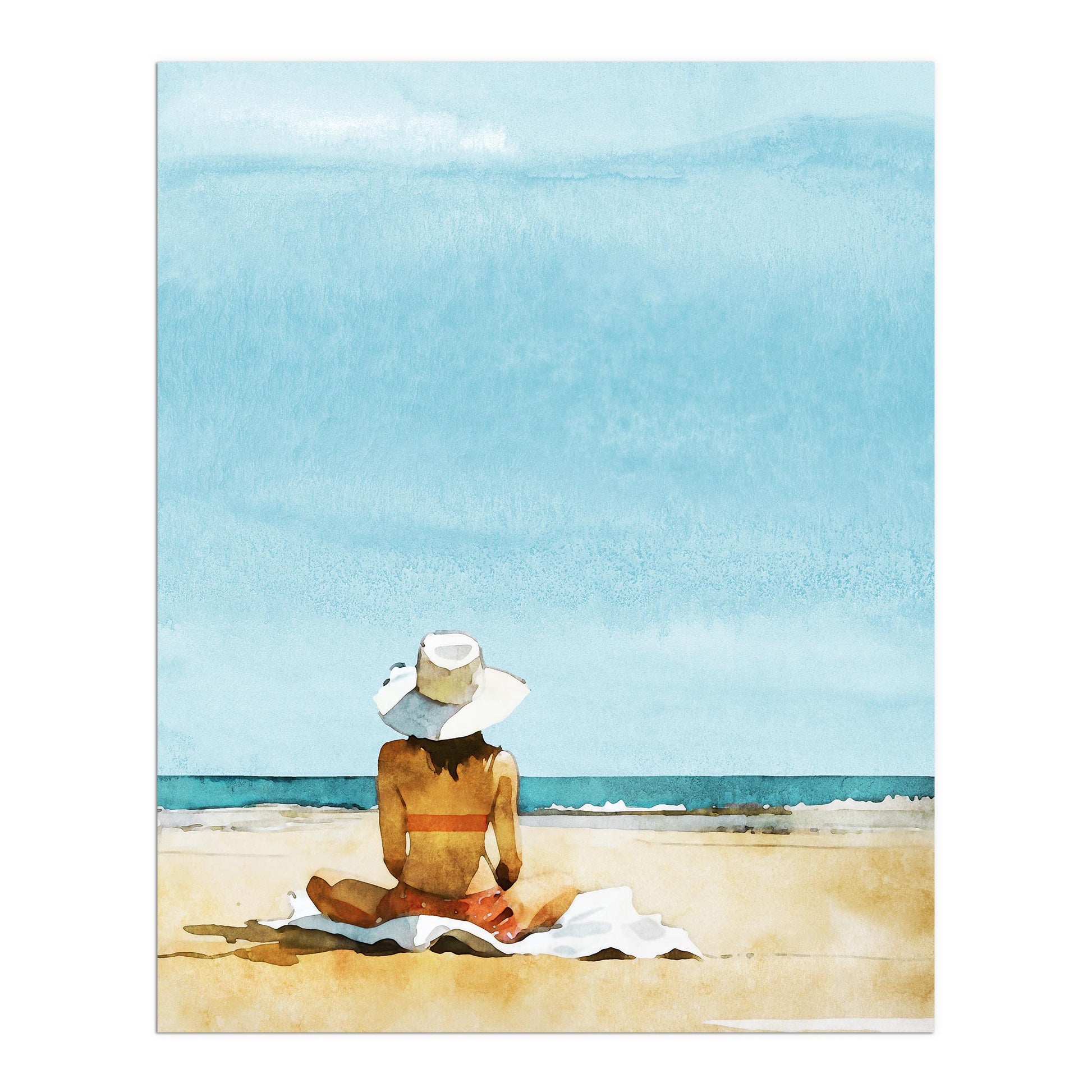 Illustration of a person sitting on a towel at a beach, wearing a wide-brimmed white hat and a swimsuit, with a clear blue sky and calm ocean in the background.