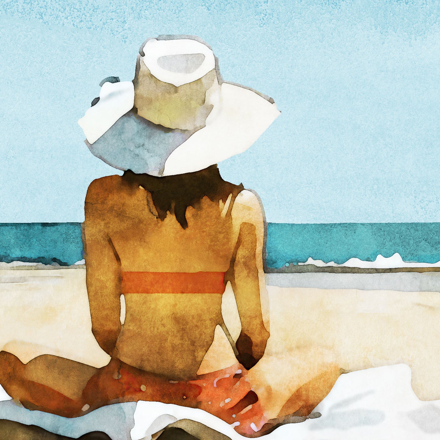 Watercolor-style close-up of a person sitting on the beach, wearing a wide-brimmed hat and a swimsuit, facing the ocean under a clear blue sky.