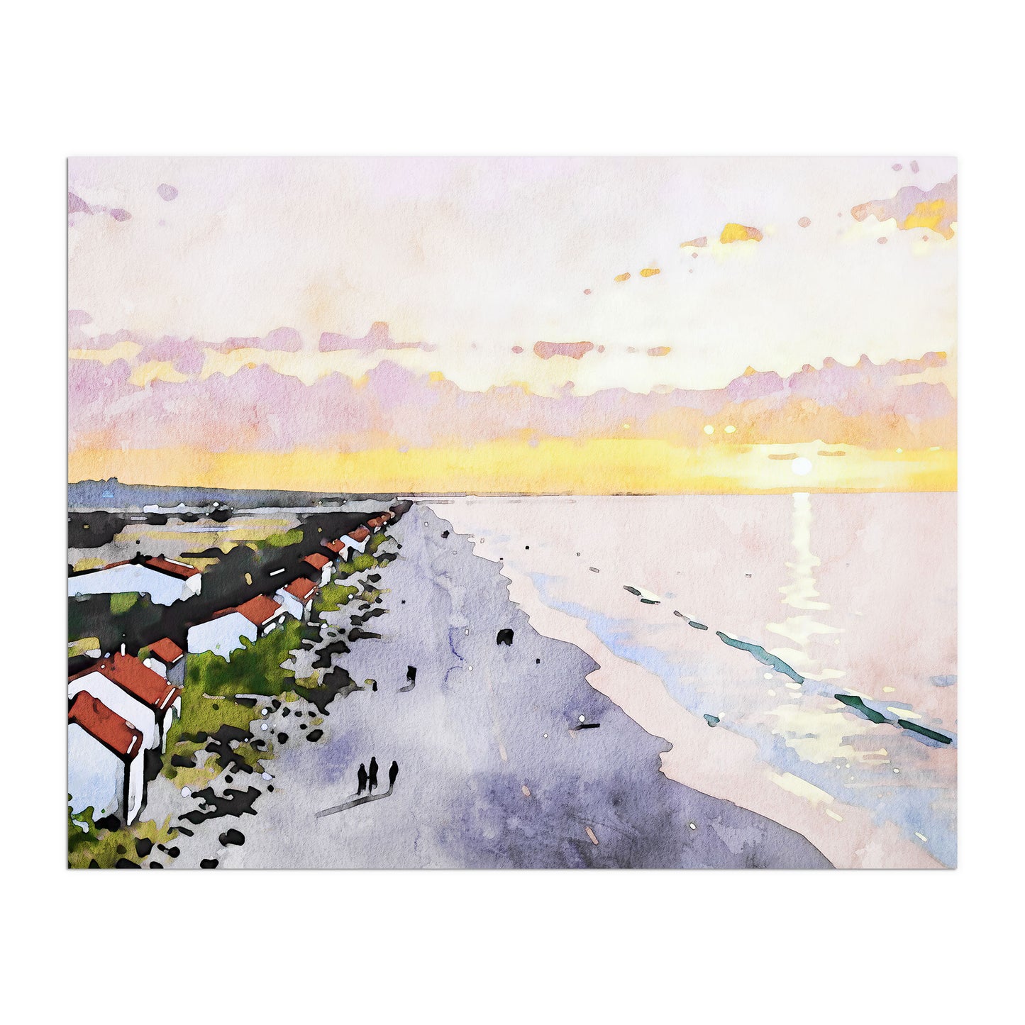 Watercolor-style artwork of a serene beach scene at sunrise, featuring soft pastel skies, a reflective ocean, and a row of houses along the shoreline.