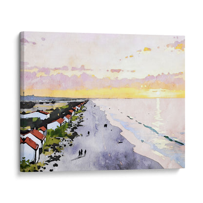 Canvas print featuring a watercolor-style depiction of a tranquil beach at sunrise, showcasing pastel skies, a reflective ocean, and a row of coastal houses along the shoreline.