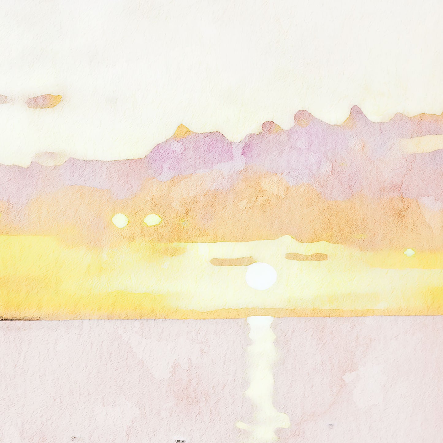 Watercolor painting of a serene sunrise over the ocean. The soft yellow sun reflects on calm waters, with pink and orange hues blending into the sky above distant mountains or clouds. The light and textures create a tranquil, dreamy atmosphere.