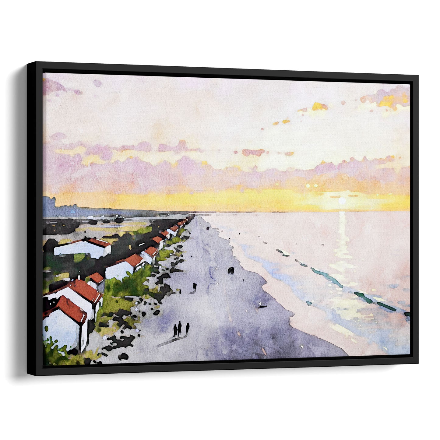 Framed canvas print in black, showcasing a watercolor-style depiction of a serene beach at sunrise, with soft pastel skies, a reflective ocean, and a row of houses along the coastline.