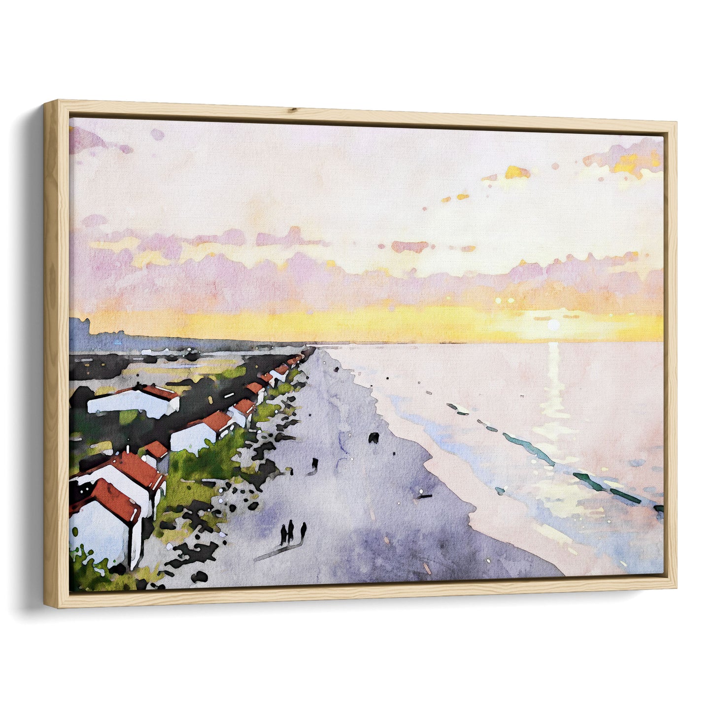 Framed canvas print in natural wood, showcasing a watercolor-style depiction of a serene beach at sunrise, with soft pastel skies, a reflective ocean, and a row of houses along the coastline.