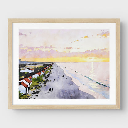 Framed artwork in natural wood, showcasing a watercolor-style beach scene at sunrise, featuring pastel skies, a reflective ocean, and a row of houses along the shoreline.