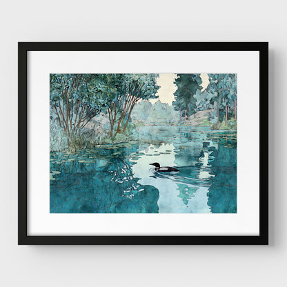 Loon in Woodland Lake Art Print