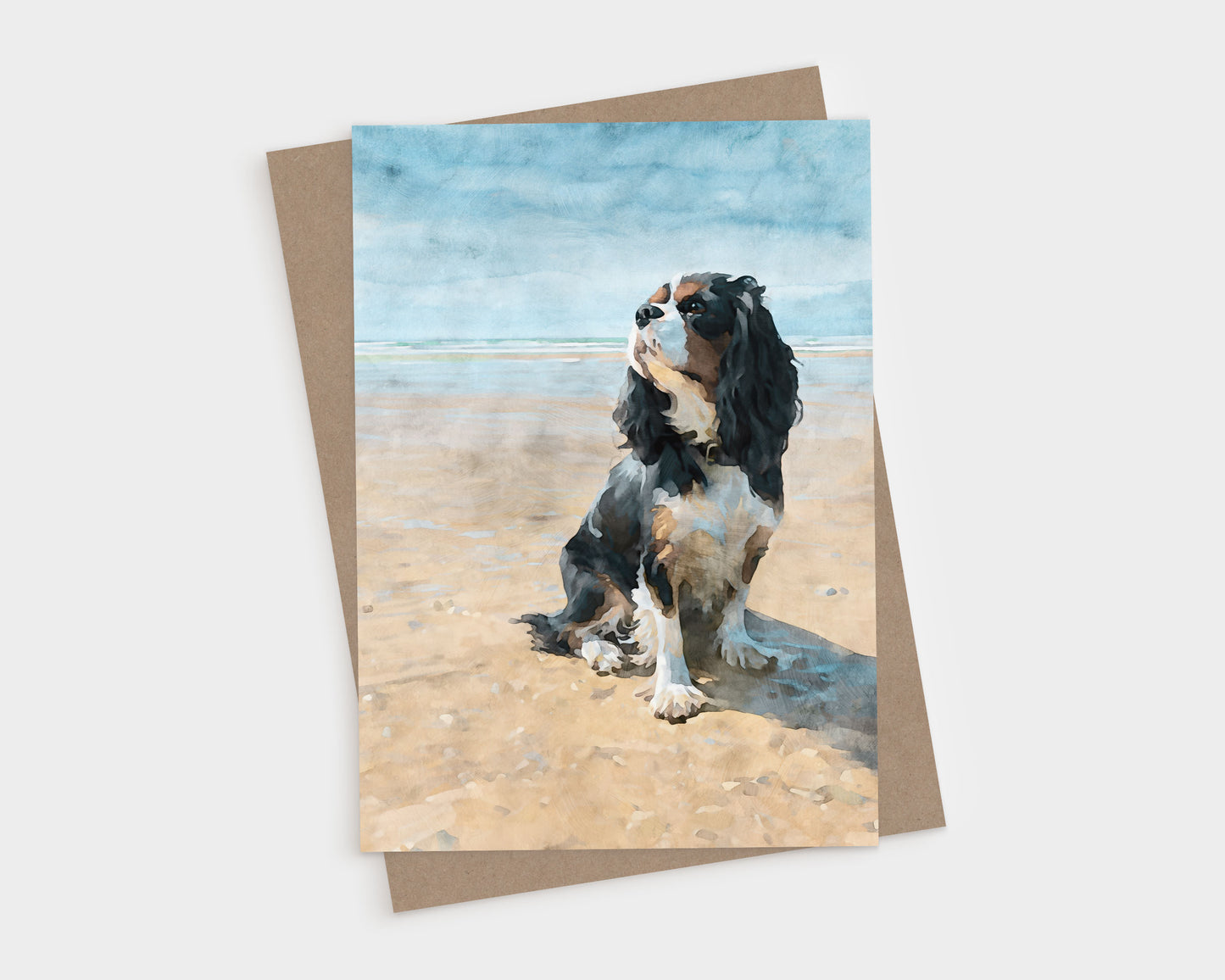 Tricolor Cavalier King Charles Spaniel Beach Watercolor Note Card