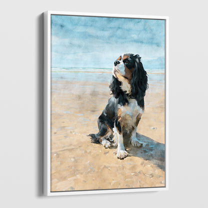 White float framed canvas print of a tricolor Cavalier King Charles spaniel on a beach
