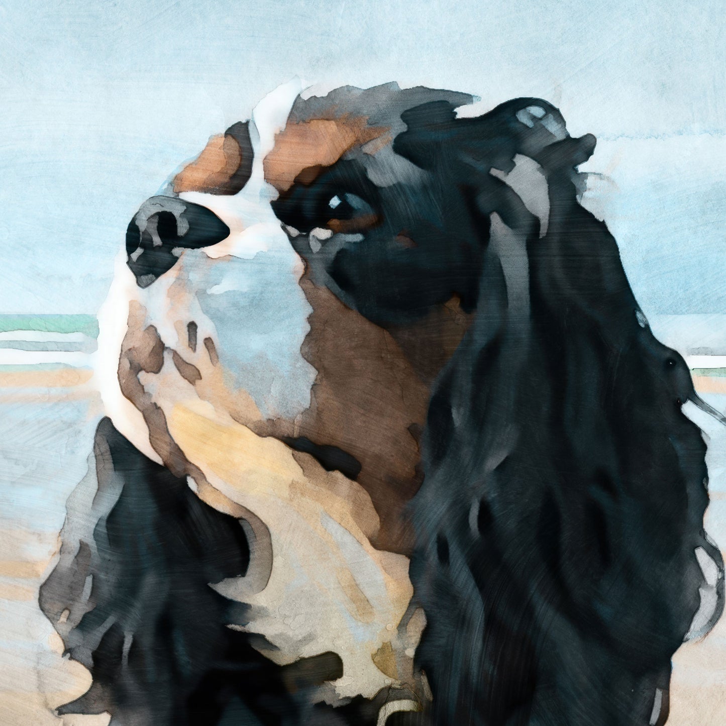 Artistic depiction of a tricolor Cavalier King Charles spaniel with a watercolor background