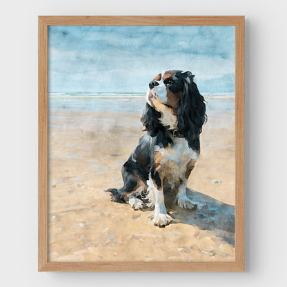 Oak wood framed artwork of a tricolor King Charles spaniel on a beach