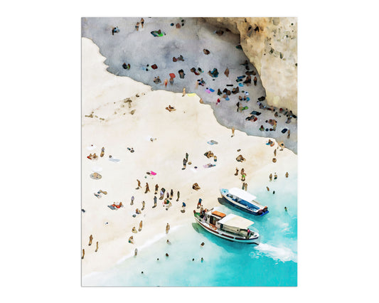 A watercolor-style depiction of a crowded beach scene with two small boats in turquoise water near the sandy shore, surrounded by scattered sunbathers and colorful umbrellas.