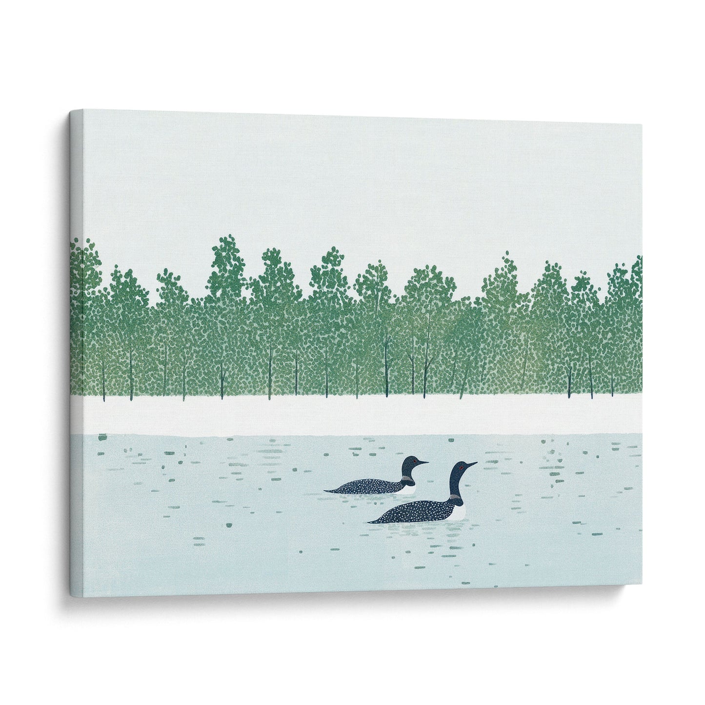 Canvas print with two loons on a lake and a forest in the background