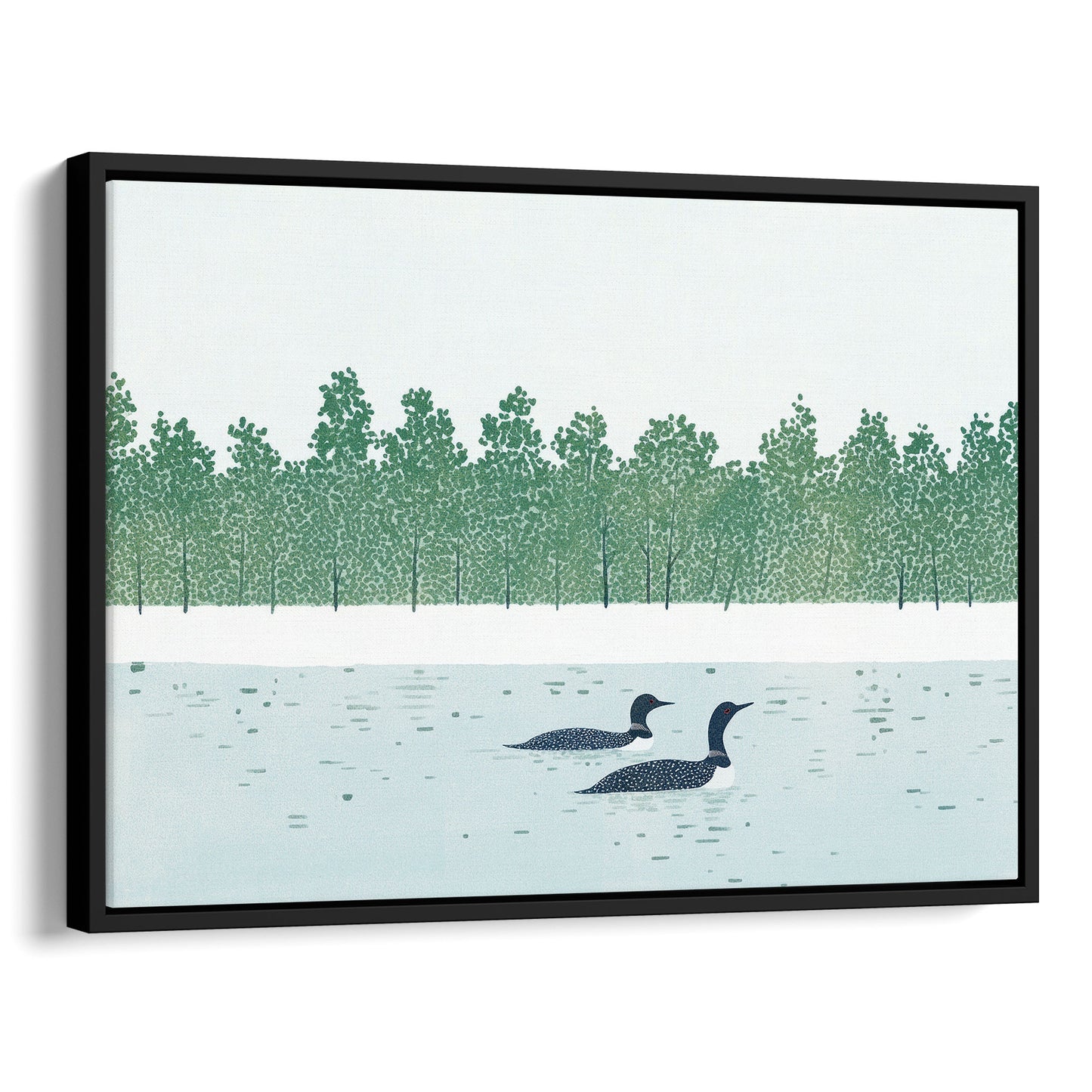 Framed artwork of two ducks on water with a forest in the background