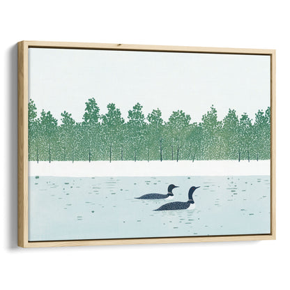 Framed artwork of two ducks on water with a forest in the background