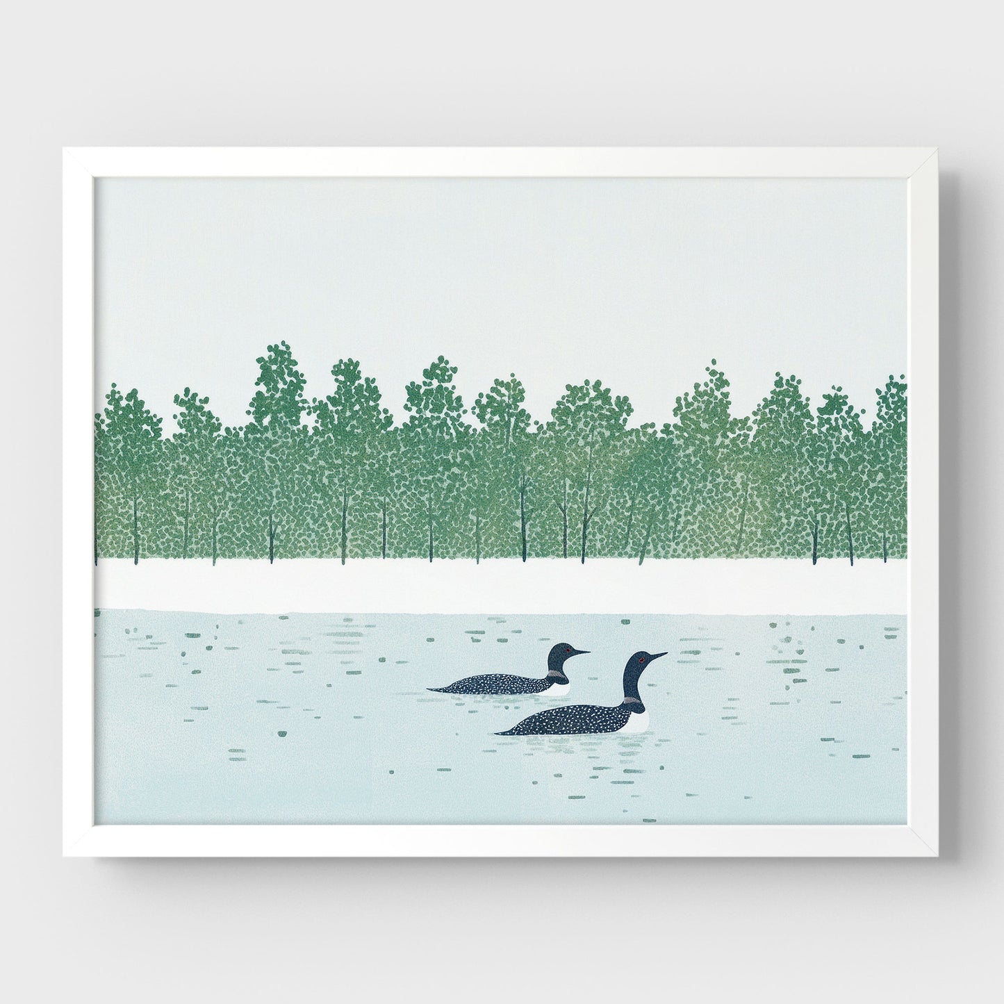 Framed artwork of two ducks on a lake with a forest in the background