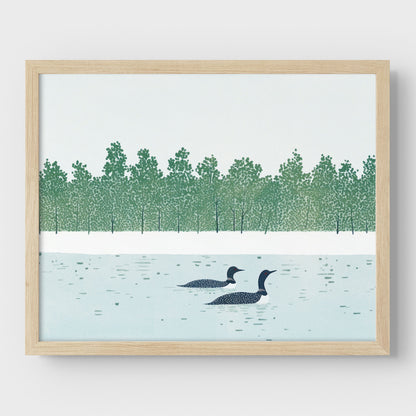 Framed artwork of two ducks on water with a forest in the background