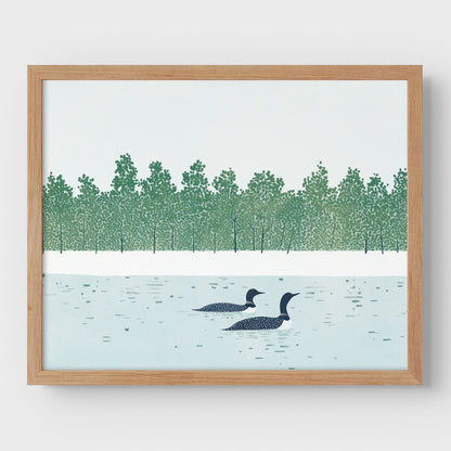 Framed artwork of two ducks on a lake with a forest in the background