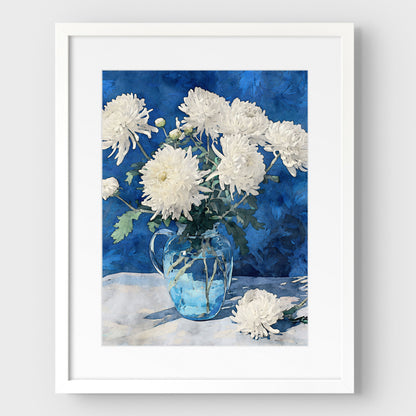 White Chrysanthemum Watercolor Still Life Print