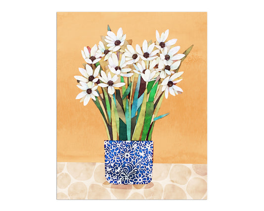 Artwork featuring a bouquet of white flowers with dark centers in a blue vase with intricate patterns, set against a warm orange background.