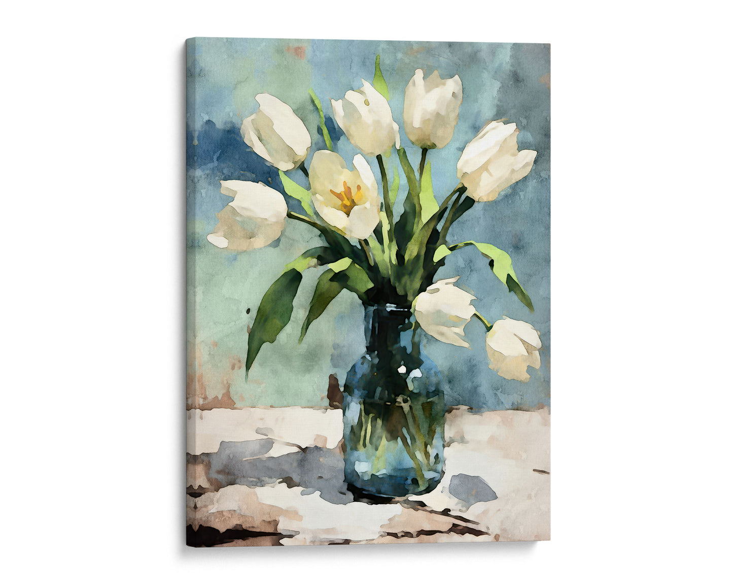 Canvas print of white tulips in a blue vase against a textured teal and beige backdrop, painted in watercolor style.